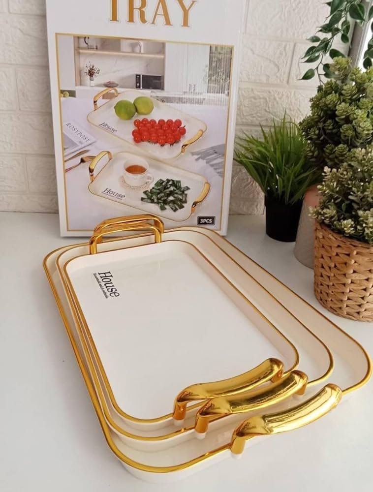 طقم صواني تقديم فاخرة - 3 قطع أكريليك بيضاء بإطار ذهبي - الصورة 4