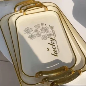 طقم صواني تقديم فاخرة - 3 قطع أكريليك بيضاء بإطار ذهبي