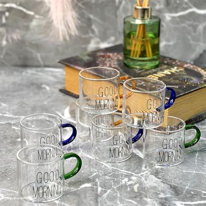 طقم 6 مجات زجاج شفاف بيد ملوّنة – GOOD MORNING - الصورة 2