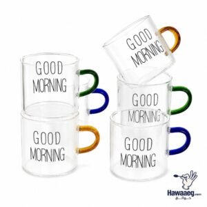 طقم 6 مجات زجاج شفاف بيد ملوّنة – GOOD MORNING