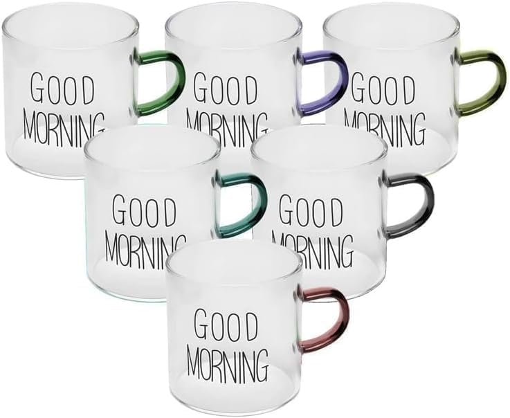 طقم 6 مجات زجاج شفاف بيد ملوّنة – GOOD MORNING - الصورة 5