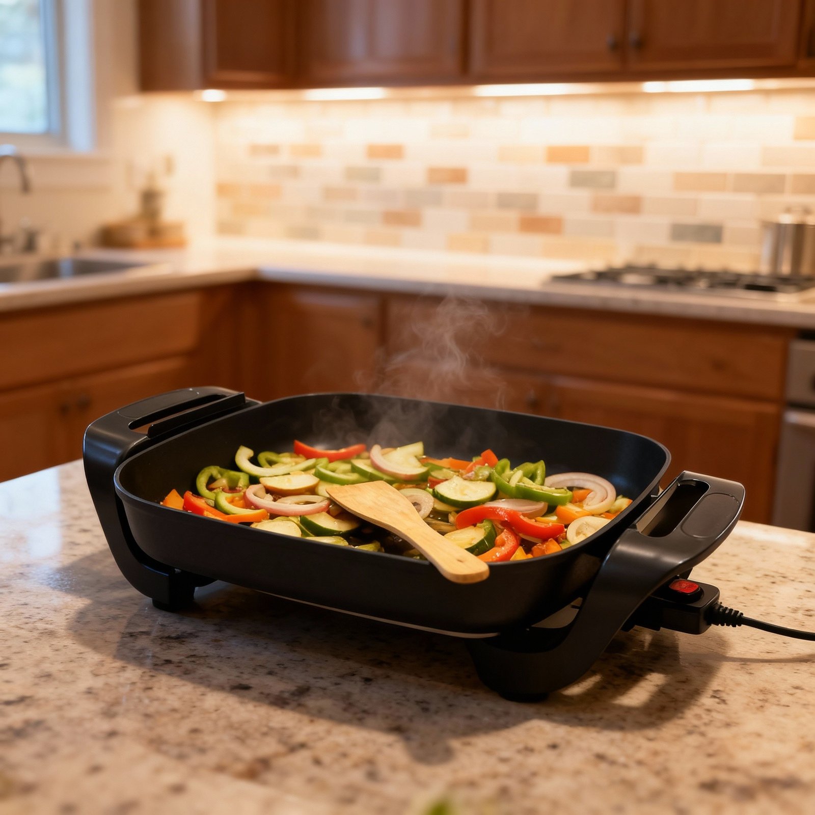 مقلاة كهربائية من Bester مقاس 30 سم بقوة 1500 واط - سطح غير لاصق وغطاء زجاجي - الصورة 7