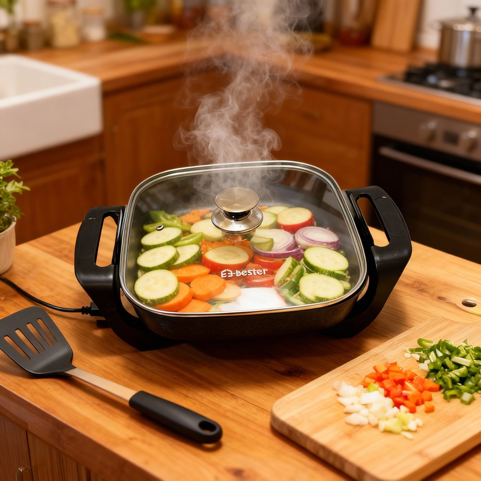 مقلاة كهربائية من Bester مقاس 30 سم بقوة 1500 واط - سطح غير لاصق وغطاء زجاجي - الصورة 8