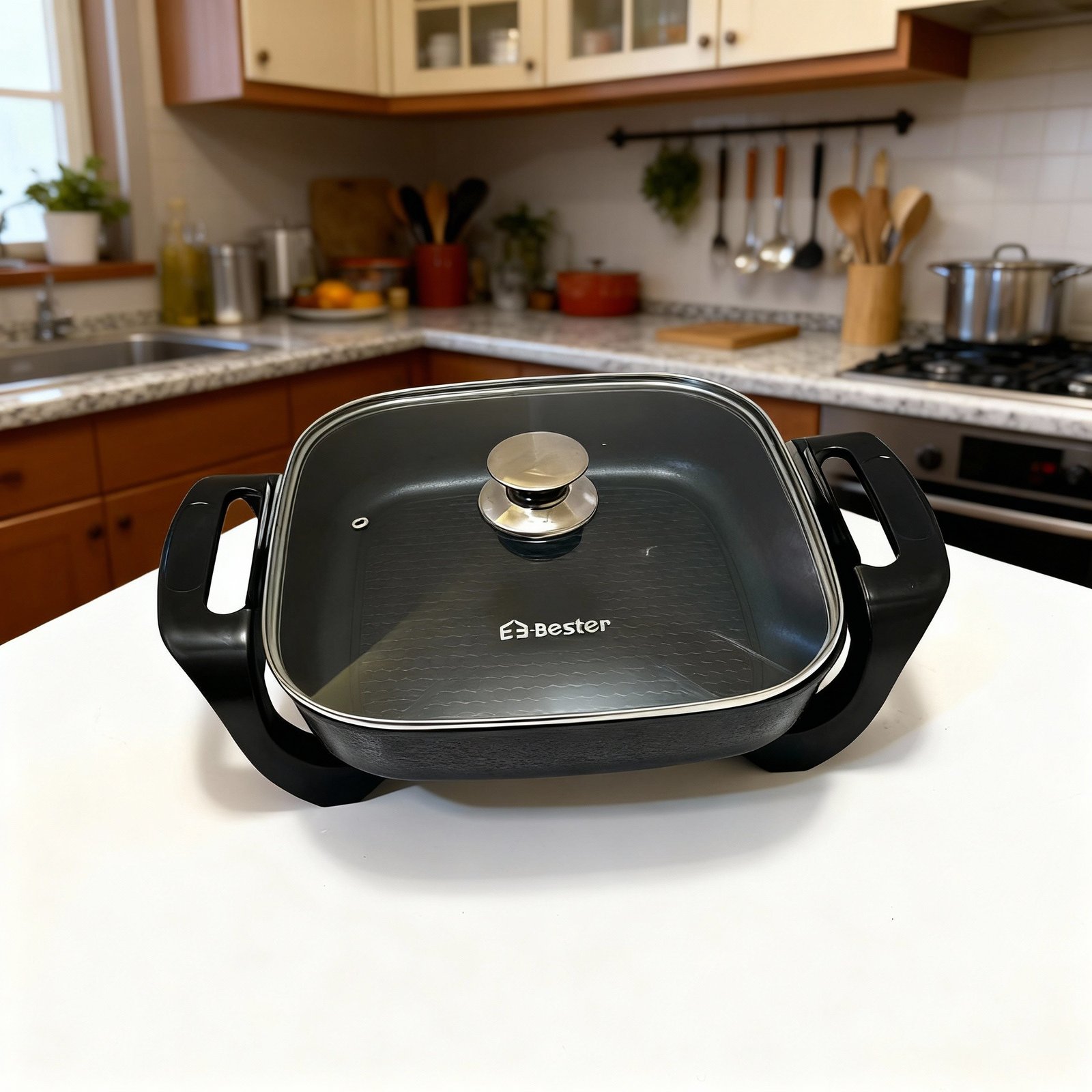 مقلاة كهربائية من Bester مقاس 30 سم بقوة 1500 واط - سطح غير لاصق وغطاء زجاجي