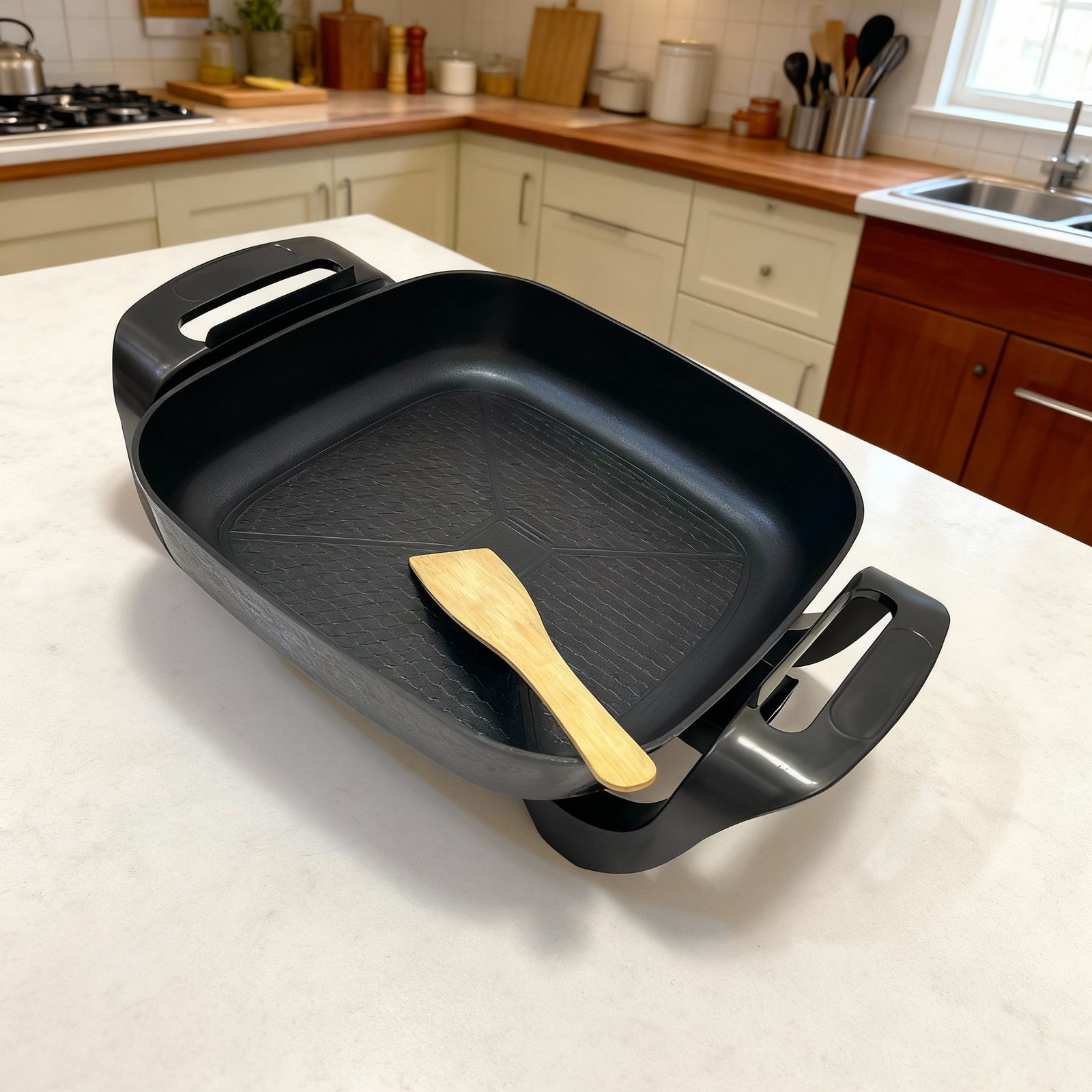 مقلاة كهربائية من Bester مقاس 30 سم بقوة 1500 واط - سطح غير لاصق وغطاء زجاجي - الصورة 3