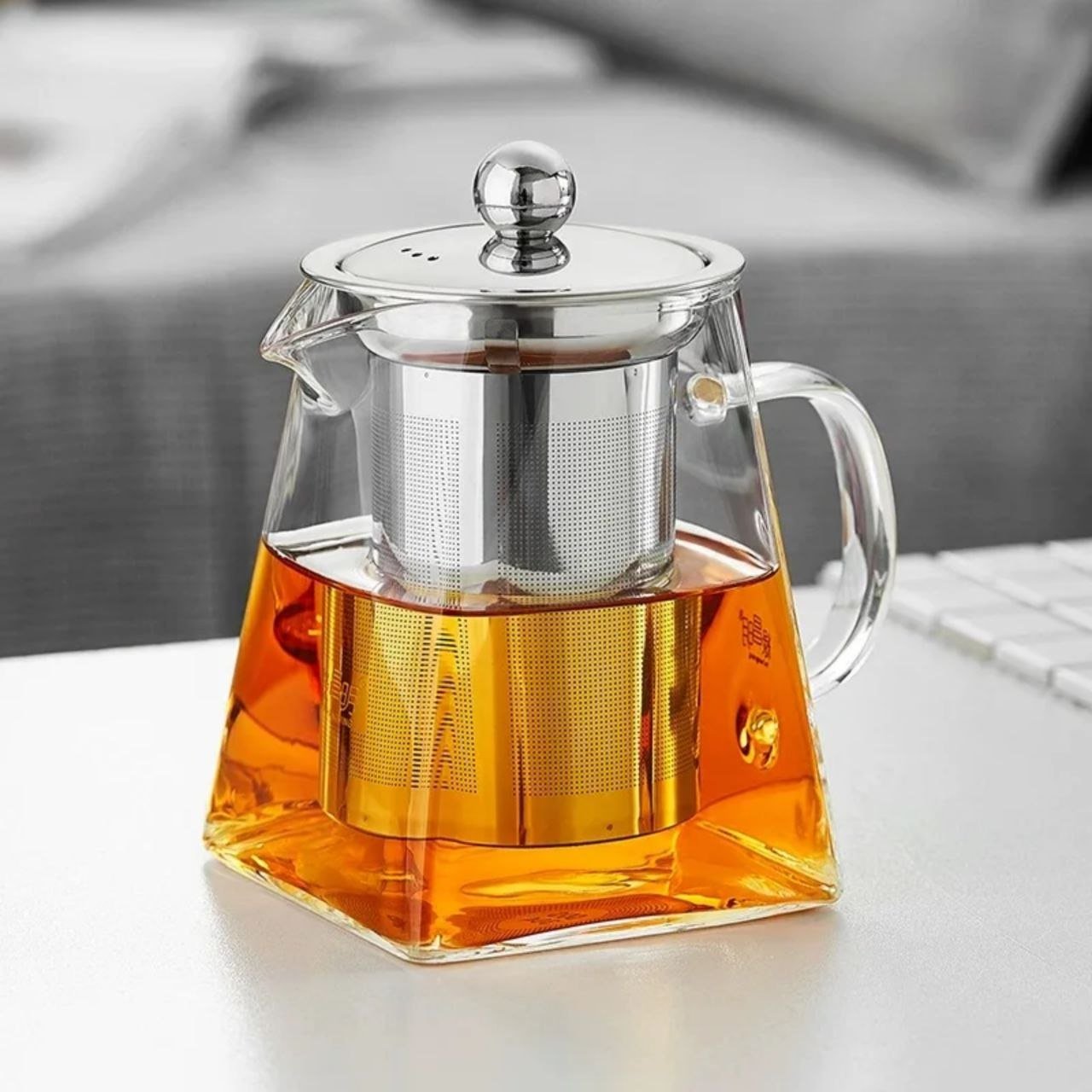 إبريق شاي زجاجي حراري بتصميم هندسي مع مصفاة ستانلس ستيل - الصورة 3