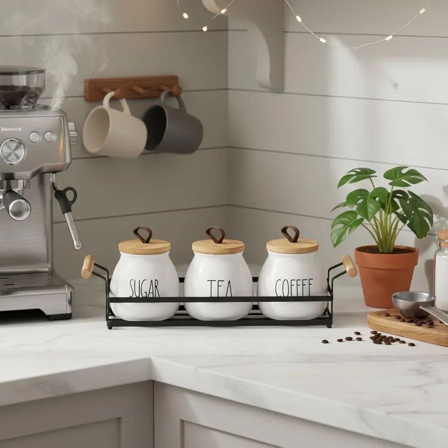 طقم برطمانات كوفي – شوجر – تي من البورسلين مع ستاند معدني أنيق - الصورة 9