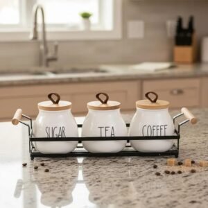 طقم برطمانات كوفي – شوجر – تي من البورسلين مع ستاند معدني أنيق
