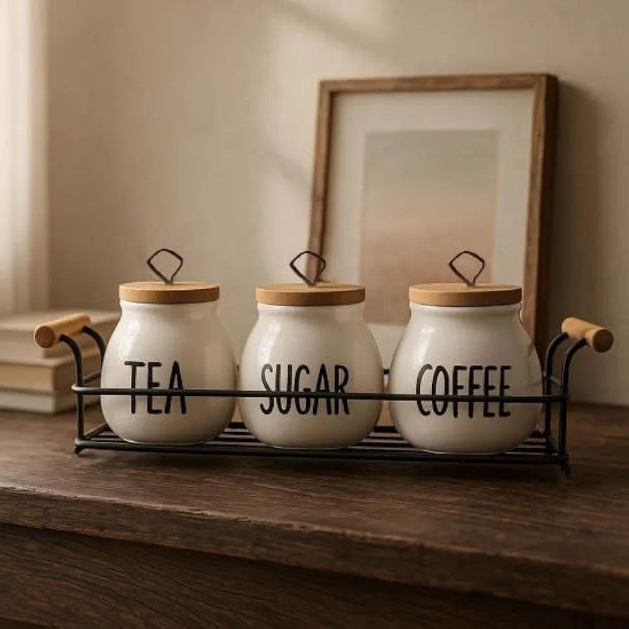 طقم برطمانات كوفي – شوجر – تي من البورسلين مع ستاند معدني أنيق - الصورة 8