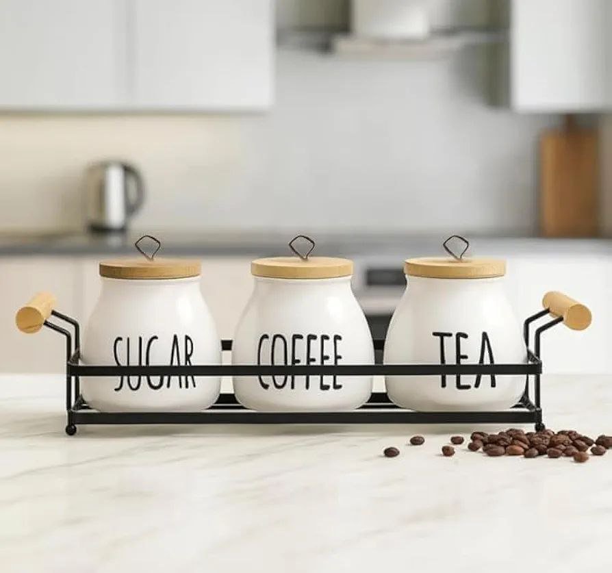 طقم برطمانات كوفي – شوجر – تي من البورسلين مع ستاند معدني أنيق - الصورة 2