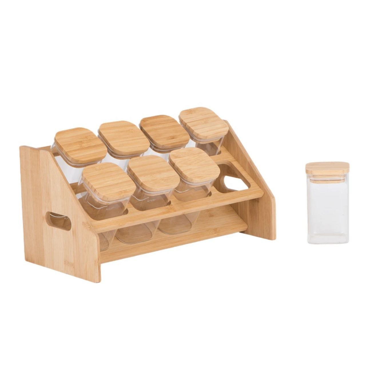 طقم برطمانات توابل زجاجية مربعة بحامل خشبي أنيق (8 قطع) - الصورة 9