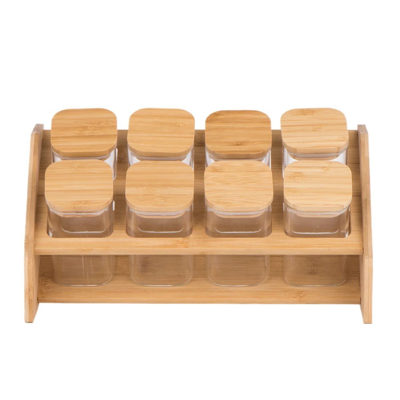 طقم برطمانات توابل زجاجية مربعة بحامل خشبي أنيق (8 قطع) - الصورة 7