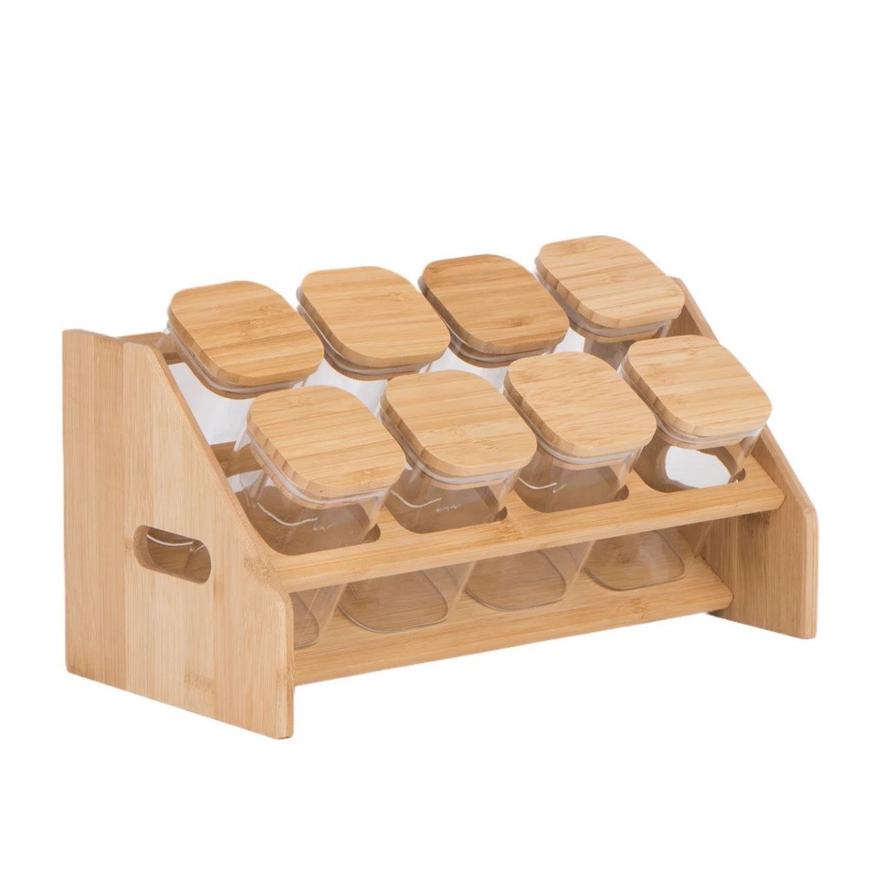 طقم برطمانات توابل زجاجية مربعة بحامل خشبي أنيق (8 قطع) - الصورة 8
