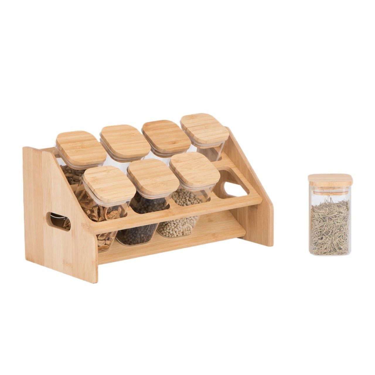 طقم برطمانات توابل زجاجية مربعة بحامل خشبي أنيق (8 قطع) - الصورة 6