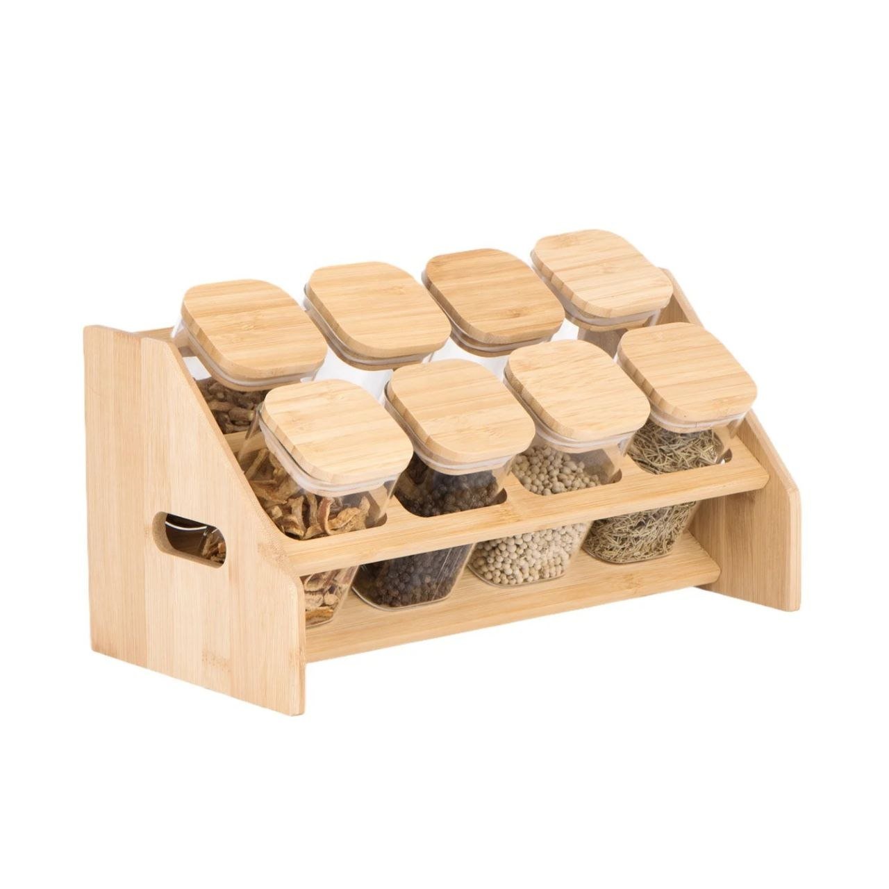 طقم برطمانات توابل زجاجية مربعة بحامل خشبي أنيق (8 قطع) - الصورة 4
