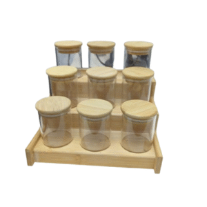 طقم برطمانات توابل زجاج 100مل بغطاء خشب طبيعي مع ستاند أنيق من البامبو