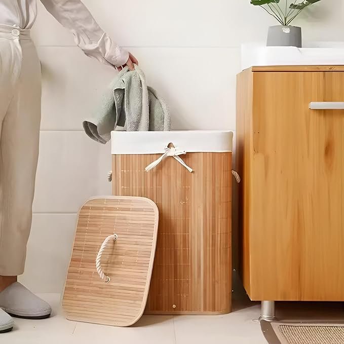 سلة غسيل وتخزين من الخيزران بغطاء - متعددة الاستخدامات لتنظيم الملابس، الألعاب، والمناشف - الصورة 4