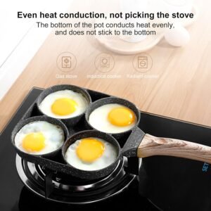 مقلاة بيض وجريل 4 فتحات متعددة الاستخدامات - سطح غير لاصق ومقبض خشبي للموقد الغاز والكهرباء