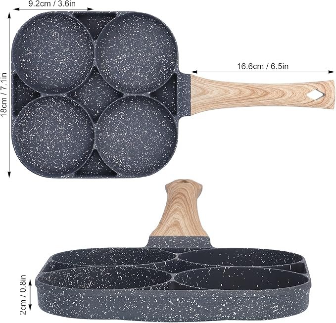 مقلاة بيض وجريل 4 فتحات متعددة الاستخدامات - سطح غير لاصق ومقبض خشبي للموقد الغاز والكهرباء - الصورة 4