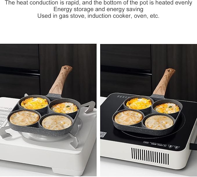 مقلاة بيض وجريل 4 فتحات متعددة الاستخدامات - سطح غير لاصق ومقبض خشبي للموقد الغاز والكهرباء - الصورة 6