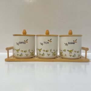 طقم كوفي بورسلين مزخرف ورد مع أغطية خشبية وستاند