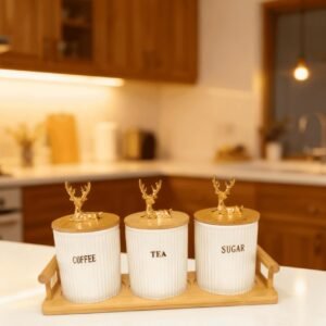 طقم كوفي بورسلين غزال ذهبية (للشاي، القهوة، السكر)
