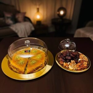 صنية حلويات استانليس طبقتين جولد بغطاء اكليرك