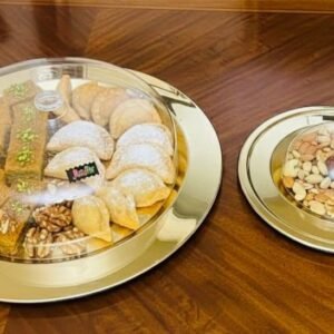 صنية حلويات استانليس طبقتين جولد بغطاء اكليرك