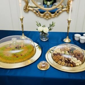 صنية حلويات استانليس طبقتين جولد بغطاء اكليرك