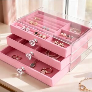 منظم مجوهرات ٣ أدراج قطيفة لون  بينك