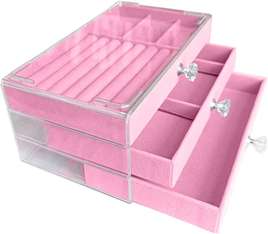 منظم مجوهرات ٣ أدراج قطيفة لون بينك - الصورة 4