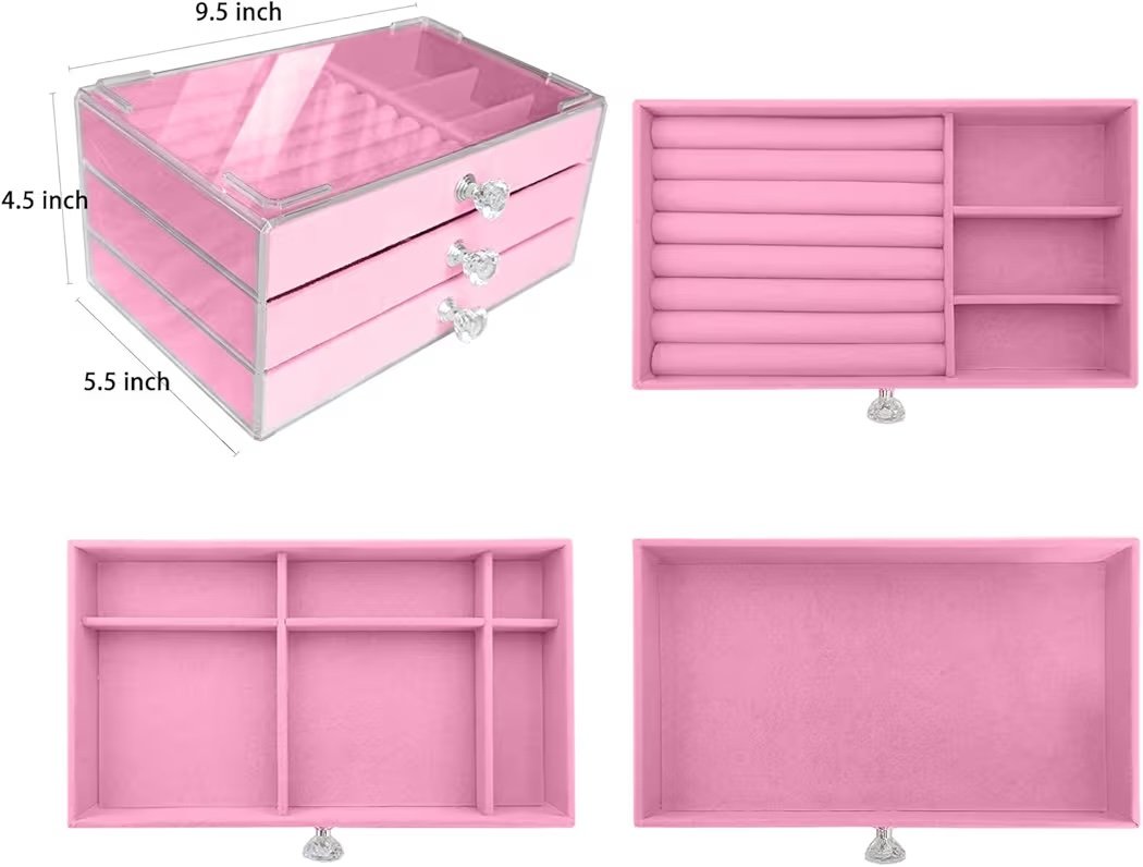منظم مجوهرات ٣ أدراج قطيفة لون بينك - الصورة 3