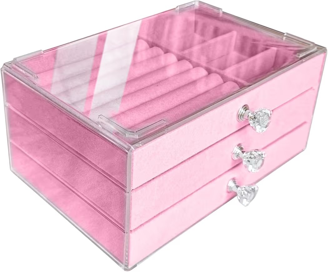منظم مجوهرات ٣ أدراج قطيفة لون بينك - الصورة 2