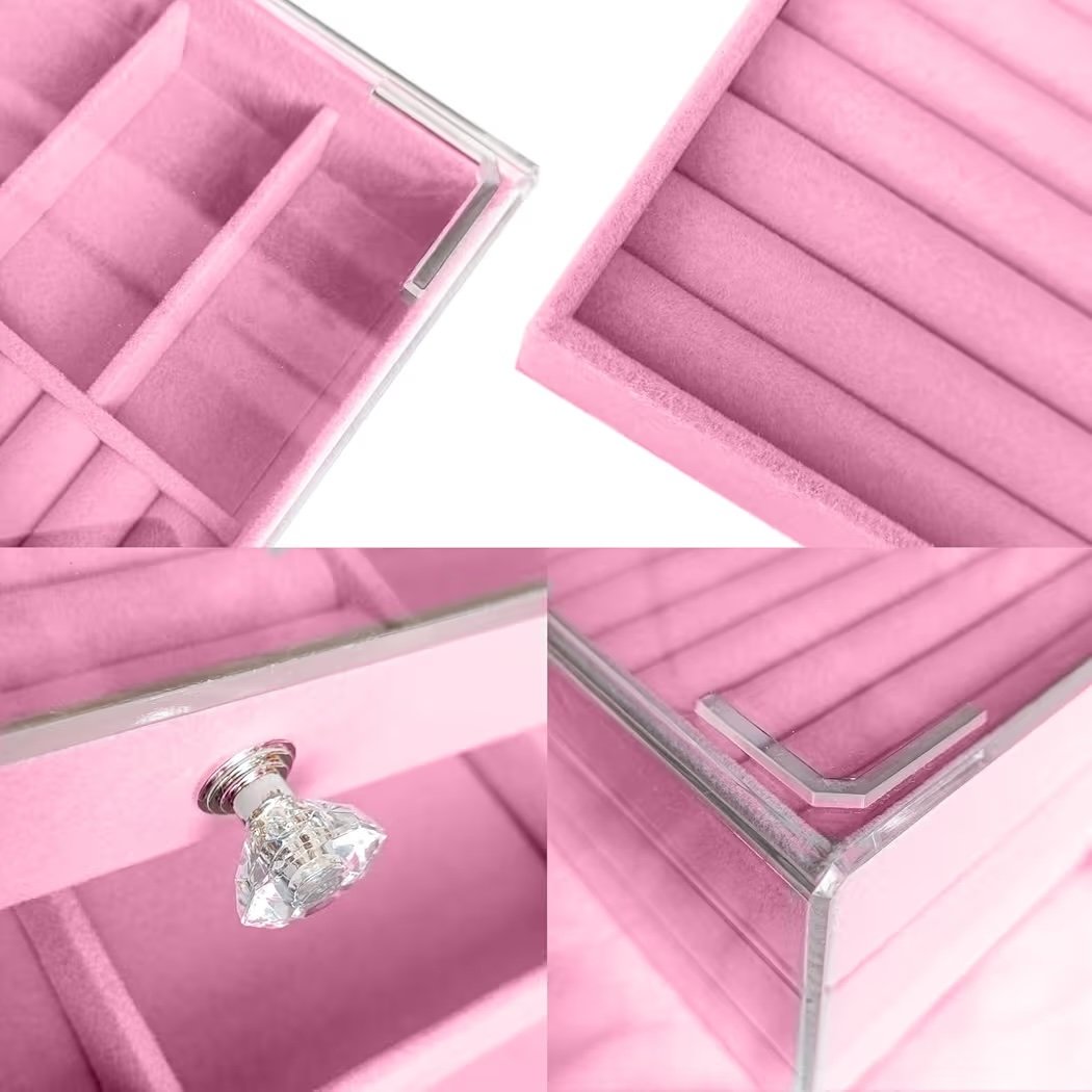 منظم مجوهرات ٣ أدراج قطيفة لون بينك - الصورة 5