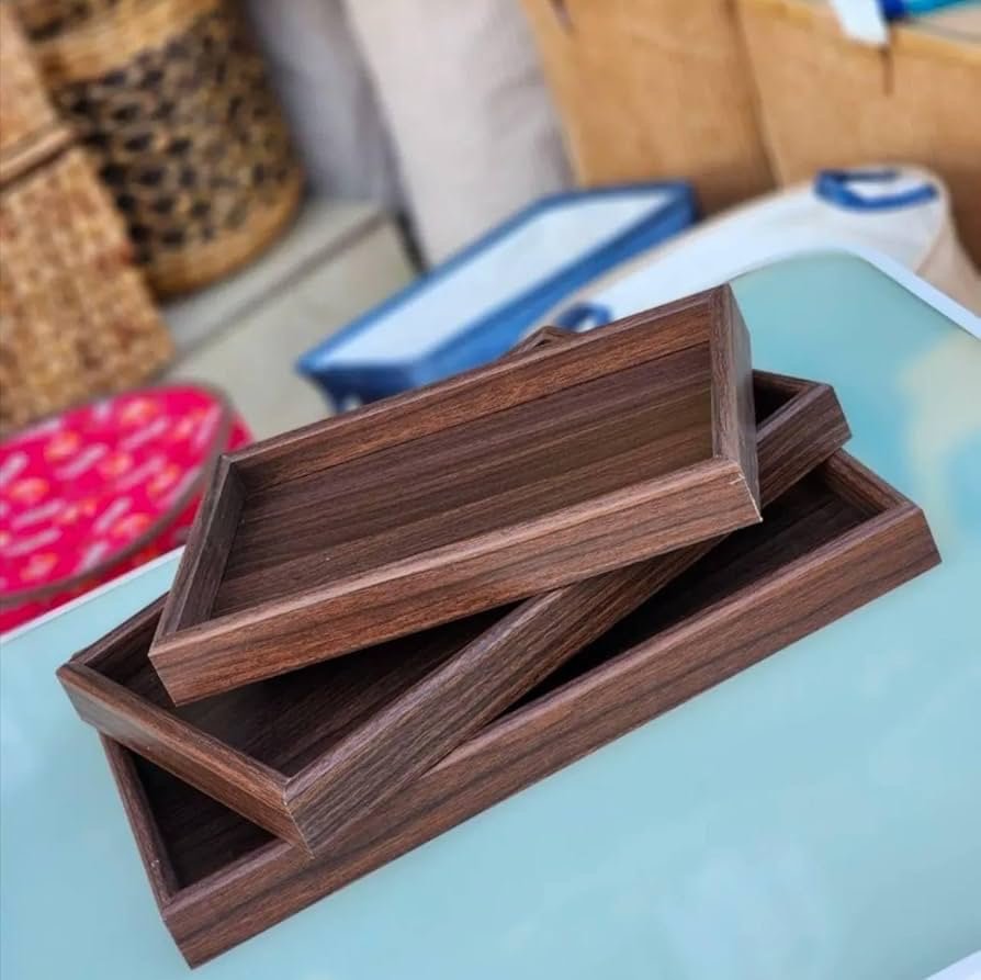 طقم صواني تقديم ٣ قطع خشب مقاوم للماء بني غامق - الصورة 2