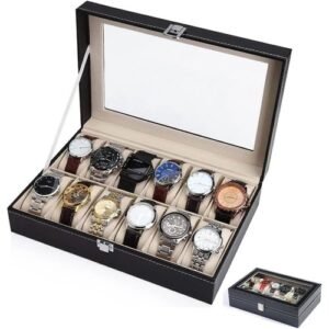 منظم ساعات جلد ١٠ فتحات بغطاء شفاف