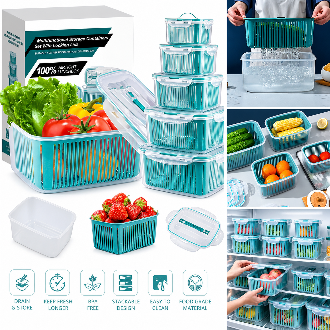 طقم علب تخزين خضار وفواكه - 5 قطع | Fridge Organizer