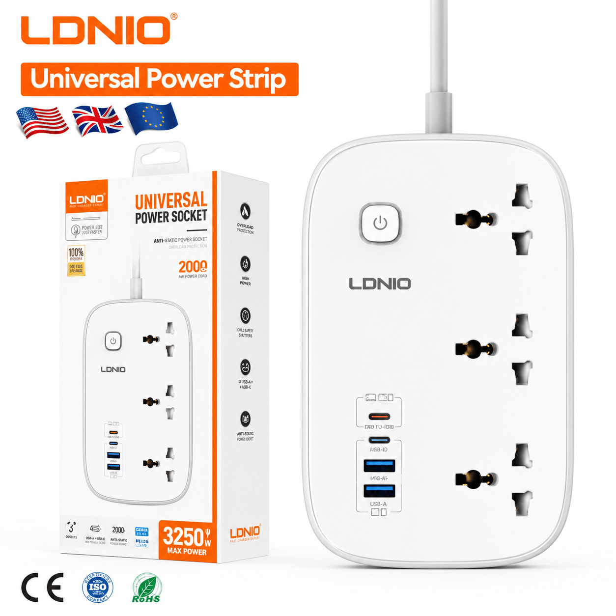 مشترك كهراباء 3 مخرج للكهرباء و 4 مخارج للشحن بقوة 45 وات للشحن السريع Original LDNIO SC6 - الصورة 2