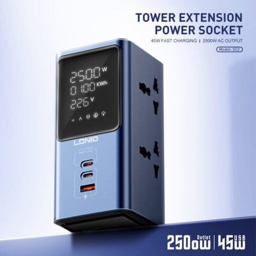 برج طاقة 2500 واط مع شحن PD/QC سريع وشاشة عرض رقمية Ldnio SC2 - الصورة 6
