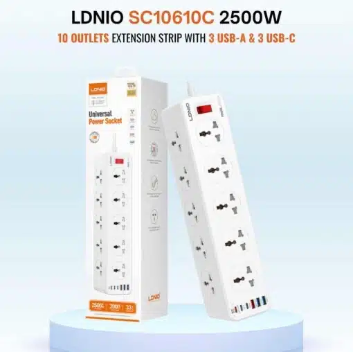 الاصدار الجديد مشترك كهرباء بـ 10 منافذ للكهرباء (3 منافذ تايب سي و3 منافذ يو اس بي) Ldnio SC10610C