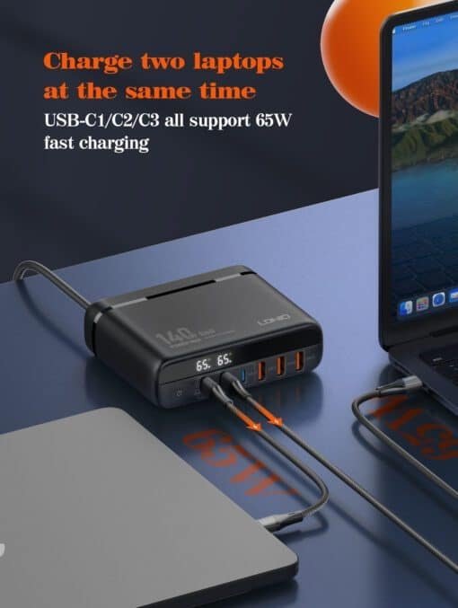 شاحن بقوة 140واط وشاشة LED مع 3 منافذ USB و3 منافذ Type -C للشحن السريع LDNIO GaN A6140C - الصورة 6