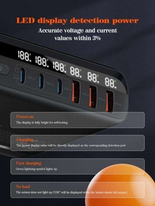 شاحن بقوة 140واط وشاشة LED مع 3 منافذ USB و3 منافذ Type -C للشحن السريع LDNIO GaN A6140C - الصورة 4