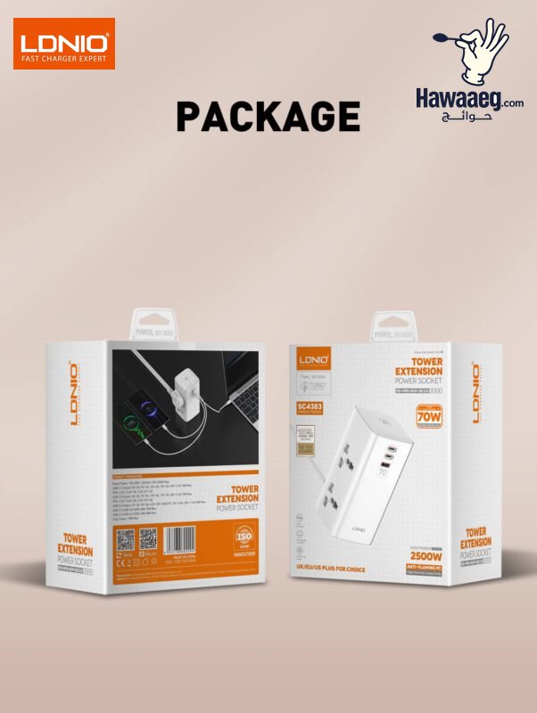 SC4383 | مشترك كهربائي بقوة 2500 واط مع 4 مقابس ثلاثية ومنفذ USB و منفذين Type-C قوة شحن 70واط - الصورة 3