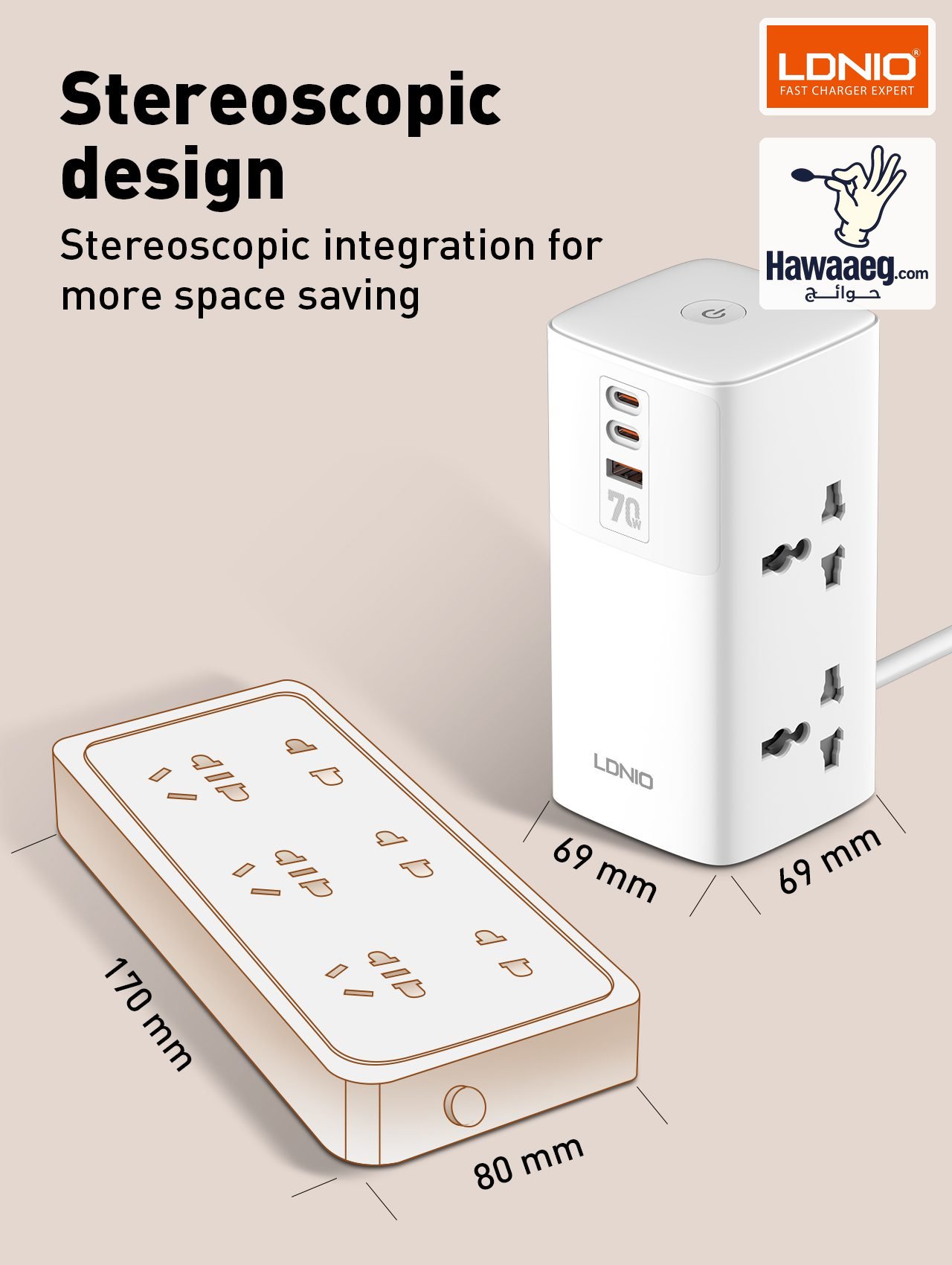 SC4383 | مشترك كهربائي بقوة 2500 واط مع 4 مقابس ثلاثية ومنفذ USB و منفذين Type-C قوة شحن 70واط - الصورة 2