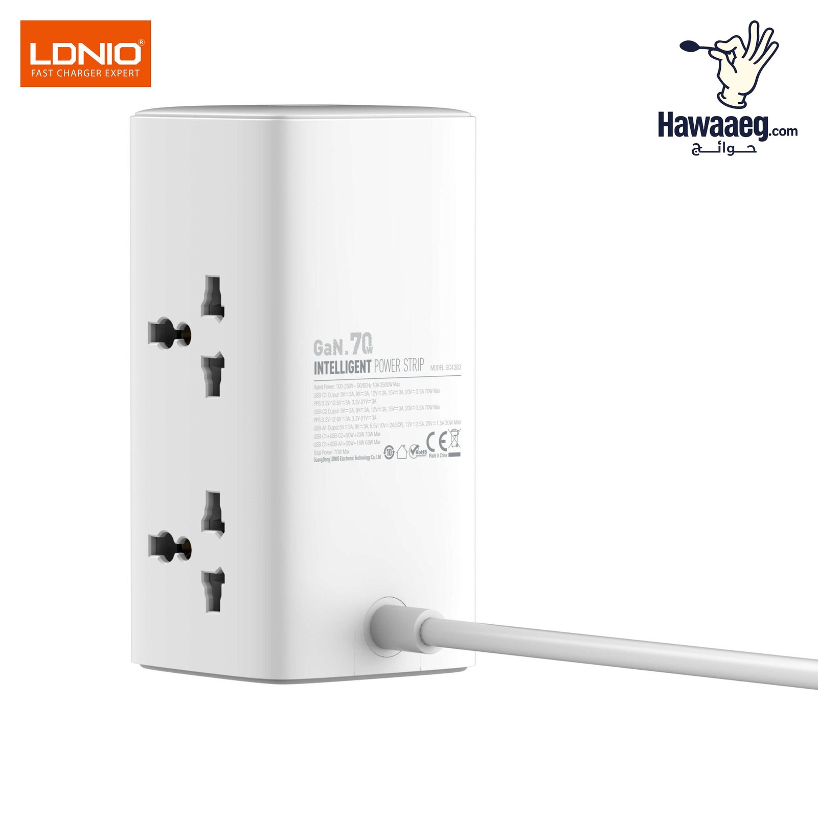 SC4383 | مشترك كهربائي بقوة 2500 واط مع 4 مقابس ثلاثية ومنفذ USB و منفذين Type-C قوة شحن 70واط - الصورة 6