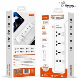 LDNIO مشترك كهرباء SC4408C مع 4 مخارج كهرباء و2 USB و2 Type-C للشحن بطول 2 متر