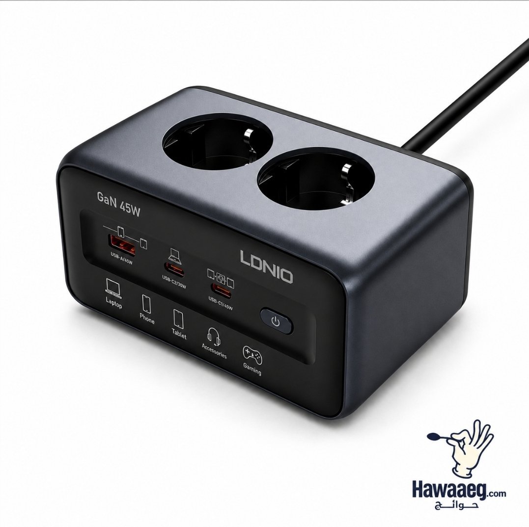شاحن سريع SE3 LDNIO بقوة 45 واط مع سلك تمديد من النوع C بطول 2 متر ومحول USB مزدوج بقابس أوروبي/كوري ومحطة شحن - الصورة 2
