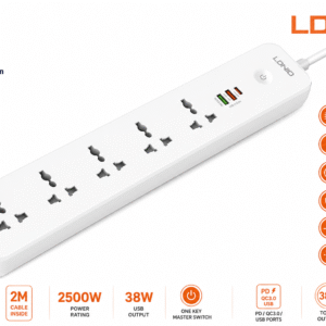 وصلة تمديد متعددة الفيش SC5319 مع 5 فيش تيار متردد و3 منافذ USB بطول 2 متر من ال دي ان اي او، شريط طاقة عالمي قابل للتثبيت على الحائط - أبيض