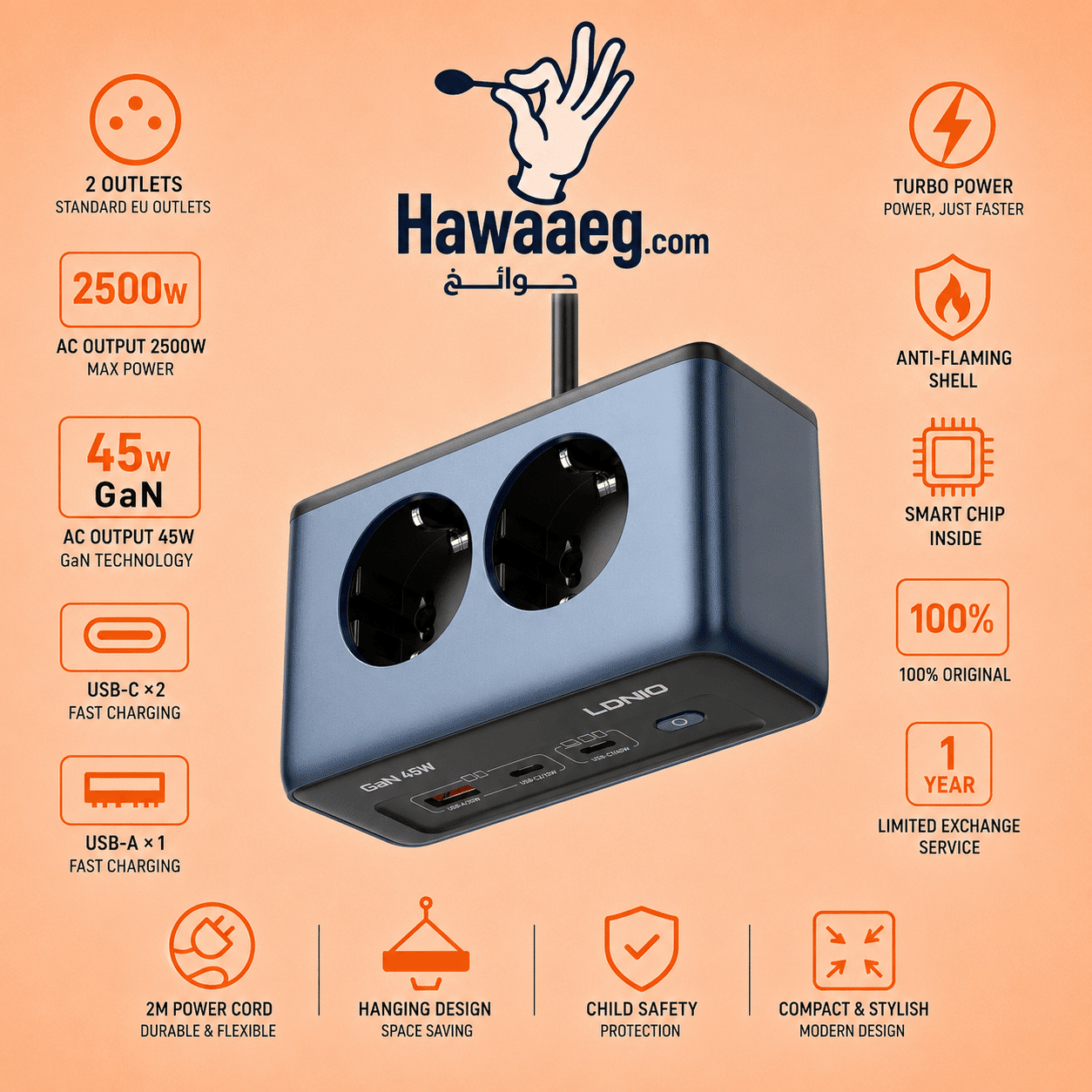 شاحن سريع SE3 LDNIO بقوة 45 واط مع سلك تمديد من النوع C بطول 2 متر ومحول USB مزدوج بقابس أوروبي/كوري ومحطة شحن - الصورة 4