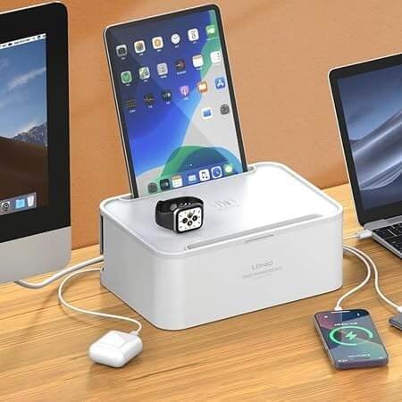LDNIO صندوق ادارة كيبل شحن لاسلكي SN5310W 2500 واط واقي من اندفاع التيار 5 منافذ عالمية 3 منافذ USB PD 20 واط QC3.0 شاحن سريع 2 متر سلك شديد التحمل منظم سطح المكتب ابيض - الصورة 2